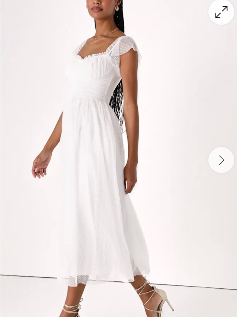 Lulus White Polka Dot Tulle Midi Dress M Square Neck Flutter Sleeve Zip - Picture 3 of 13
